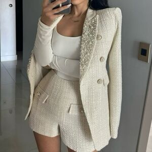 Donnee Par Dieu Moss Tweed Blazer  With Pearl Detailing Size Small